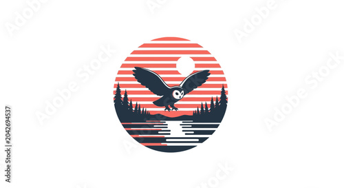 Owl Flying Over Forest Lake at Night Retro Circular Vector Badge
