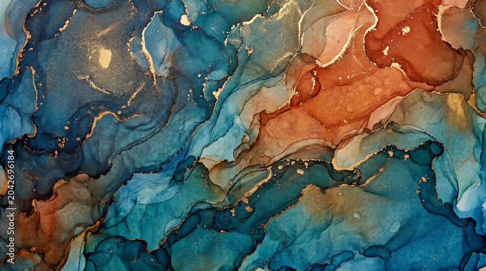 Fototapeta premium Blue and copper alcohol ink marble art.