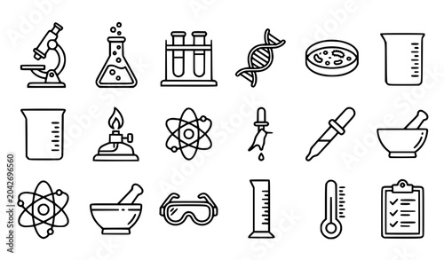 Cuadro en lienzo A professional outline icon set representing science laboratory, chemical research, biotechnology, and physics concepts
