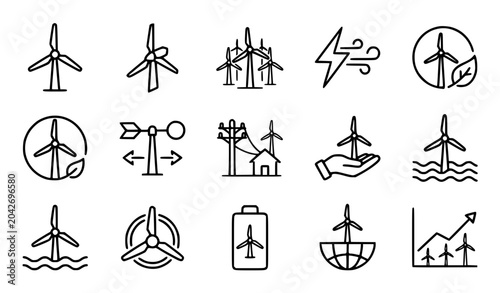 A professional outline icon set representing wind energy, sustainable power, and green technology concepts. Includes single wind turbines, wind farm array, lightning bolt with wind lines, eco turbine 