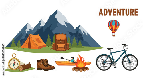 Adventure and outdoor activities with camping gear and recreational items.
