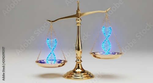 A gold balance scale holding a glowing blue DNA double helix model on its plates, symbolizing genetic law, ethics, and forensic medicine, 3d, justice, concept