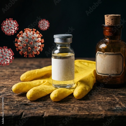 Medical Vaccine Vial and Yellow Glove on Wooden Surface with Coronavirus Background