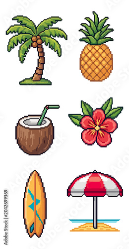 Tropical pixel art illustration set