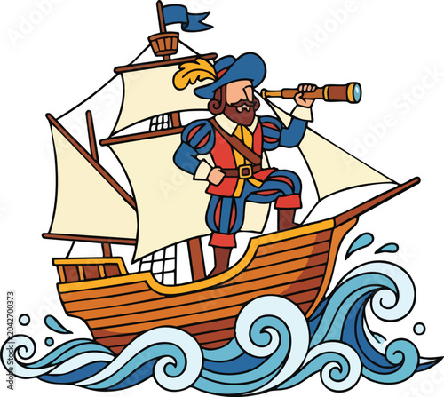 Bild auf Leinwand Cartoon explorer on a sailing ship using a telescope