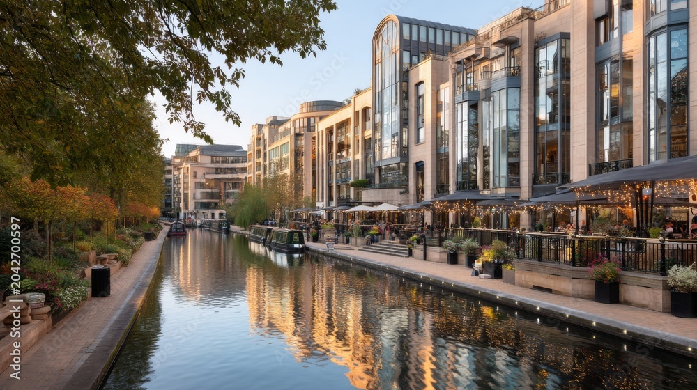 Fototapeta premium Scenic urban waterfront view with modern buildings, greenery, reflections and outdoor dining along the peaceful canal at sunset in a vibrant city.