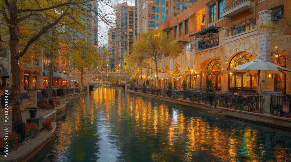 Fototapeta premium Serene Urban River Scene with Colorful Reflections and Cozy Lights in a Vibrant City with Modern Architecture and Lush Trees Along the Waterway