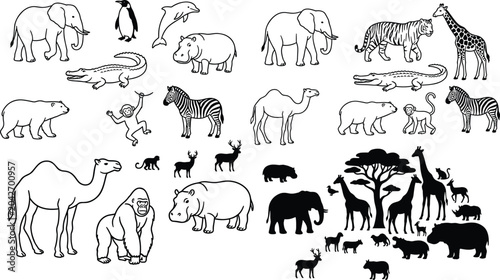 Photography Large collection of wild animals vector icons featuring safari silhouettes and l
