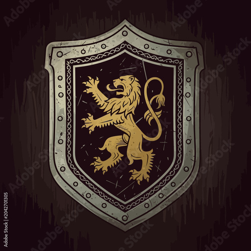Heraldic Lion Rampant Shield Emblem Design.