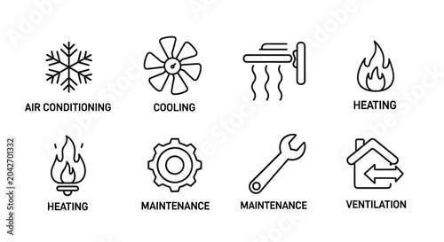 HVAC System Icons Set for Air Conditioning Heating Ventilation Maintenance.