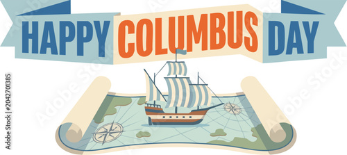 Foto Happy Columbus Day banner with caravel ship and vintage map