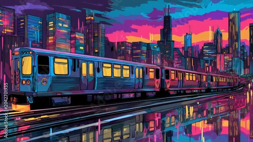 Vibrant Urban Train Scene at Dusk with Colorful Sky and City Silhouettes Reflecting on Water