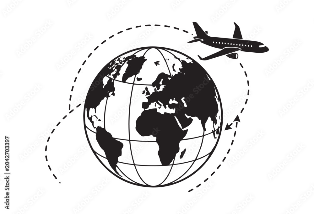 Naklejka premium Globe with airplane silhouette. Airplane silhouette flying around globe.