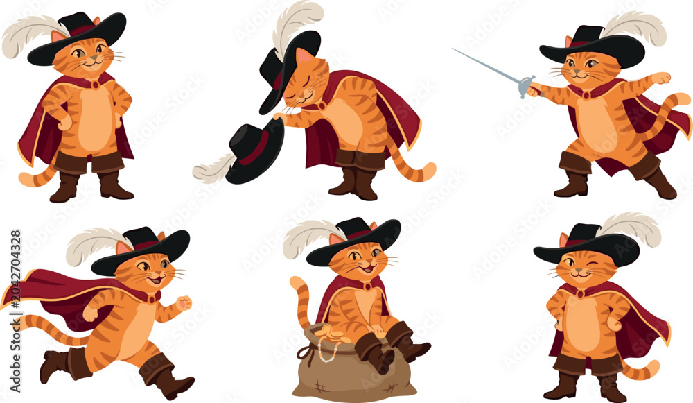 Obraz premium Orange Tabby Cat Musketeer Cartoon Character Set with Fencing Sword Bowing Running and Sitting on Gold Coin Sack Poses Vector Illustration