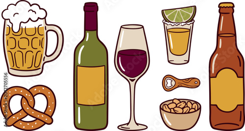 Fotografi Alcoholic Beverages and Bar Snacks Vector Set Featuring Beer Mug Bottle Wine Gla