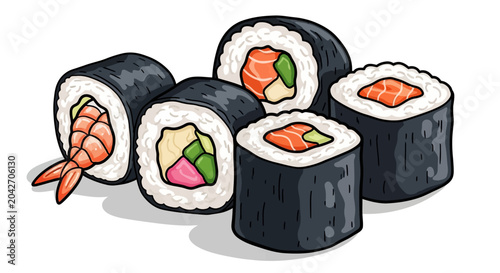 Tableau sur toile Assortment of Japanese Sushi Rolls with Salmon and Shrimp Filling
