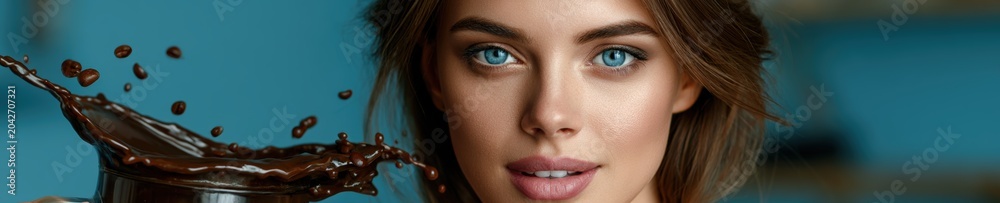 Fototapeta premium Gorgeous woman looking at a glass coffee mug with coffee erupting into a beautiful controlled wave of abstract glossy fluid shapes and coffee beans.