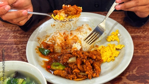 Enjoying a plate of delicious stir-fried chicken with rice and scrambled eggs