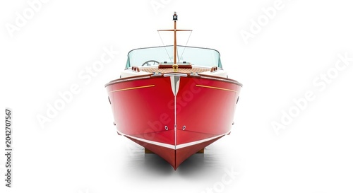 A vibrant red nautical boat sits elegantly against a stark white background, highlighting its polished wooden accents and classic hull shape, motorboat, deck, navigation