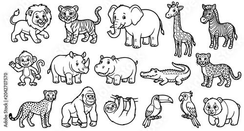 Photography Cartoon wild animals coloring page with lion tiger elephant and friends