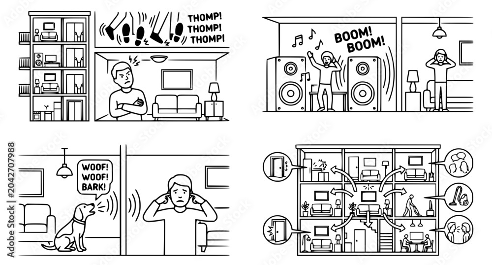 Fototapeta premium Noise problems in rental properties vector illustration set with loud apartment living neighbors and condominium thin wall sound issues