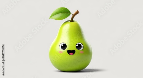 Adorable pear character with a happy expression and bright green skin, featuring soft textures and a cheerful design on a plain backdrop, isolated, stem, soft