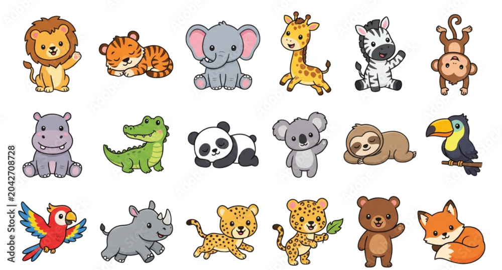 Fototapeta premium Cartoon wild animals for kids educational posters and children's room decor