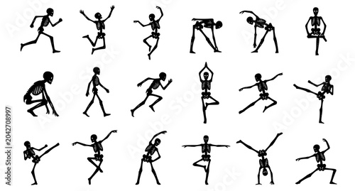 Canvastavla Collection of 15 skeleton silhouettes in various yoga poses and dance movements