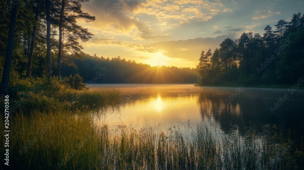 Obraz premium Golden sunrise over serene lake surrounded by forest, grass in foreground