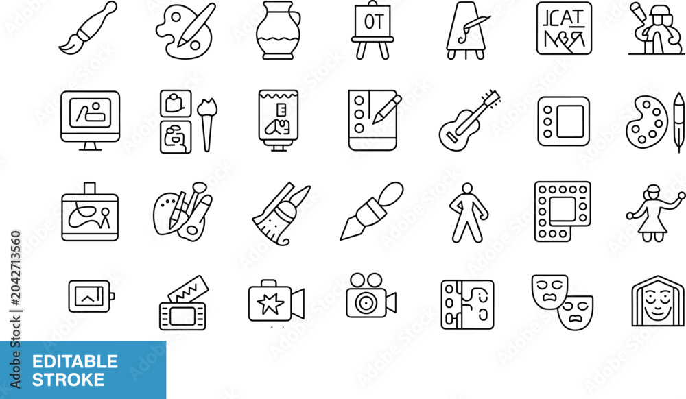 Fototapeta premium Arts and Creative Hobbies Line Icons Set With Painting, Sculpture, Music, Photography, and Theater Concepts