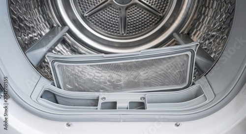 Close up of dryer drum and filter heat pump dryer interior with mesh lint filter
