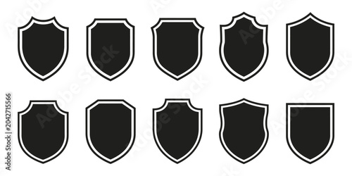 Shield and badge shape collection showing security symbols, football patch outlines, and military black silhouettes for logos, emblems, and identity design.