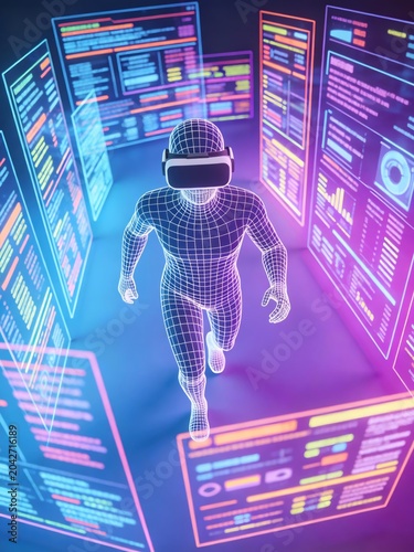 The character wearing a VR headset is running in the digital world
