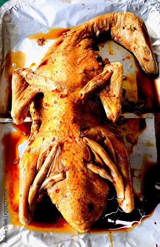 Baked duck in baking tray, indoor Chiangmai Thailand.