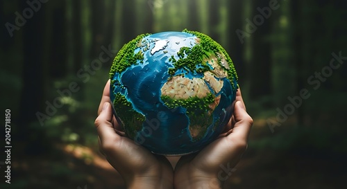 Human hands holding a glowing green earth globe representing nature and environmental protection against a dark background