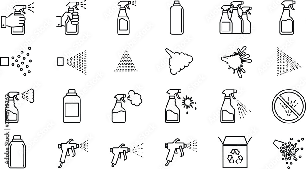 Fototapeta premium Aerosol spray bottles and industrial trigger guns line icons set containing disinfectant cleaning products liquid droplets vector illustration