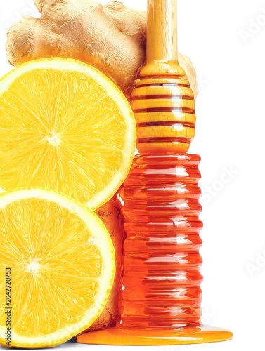 Fresh Lemon Slices With Honey Drizzle And Ginger Root On White Background For Wellness