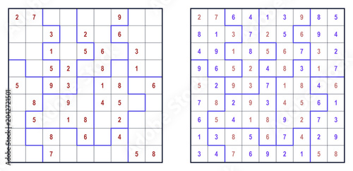 Fotografie Sudoku puzzle with numbers and grid lines in blue and red colors