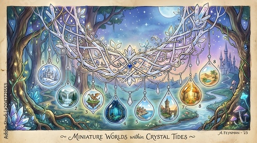 Fantasy miniature worlds hanging in crystal drops