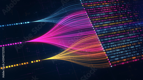 Fotografie Abstract big data visualization with colorful data streams, binary code, analytics, machine learning, data processing, and digital network technology background