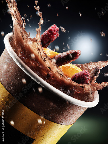 Dynamic Chocolate Splash With Orange Slices And Frozen Berries Flying Out Of Paper Cup
