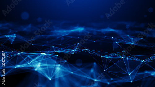 Abstract Digital Network Background with Connected Nodes, Data Communication, Blockchain Structure, Artificial Intelligence and Technology Connectivity Concept. 3d rendering