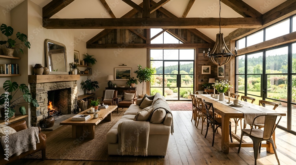 Fototapeta premium Rustic living room with dining area and scenic views