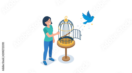 Принти на полотні Happy woman freeing blue bird from metal cage on wooden table suitable for freedom, hope, happiness concepts in design projects