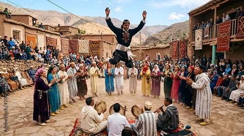 Moroccan Man Jumping High in Traditional Celebration, Village Scene