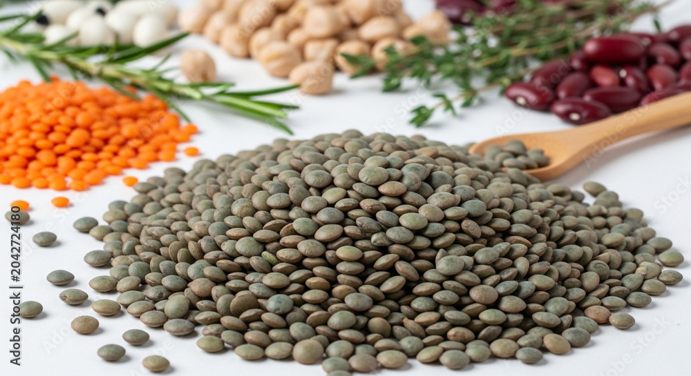 Fototapeta premium Assortment of healthy legumes and lentils arranged on a white surface with herbs