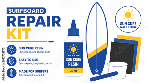 Tableau sur toile Surfboard Repair Kit flat design vector illustration with sun cure resin, sandpaper, and surfboard element