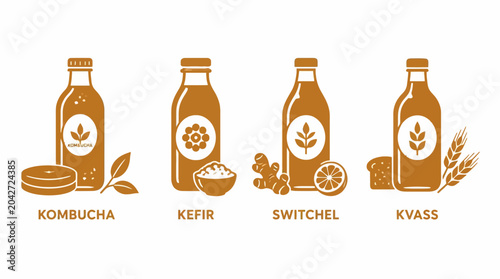 Fermented beverage set vector illustration with kombucha, kefir, switchel, and kvass icons