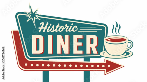 Tableau sur toile Retro diner sign with coffee cup, vintage graphic element