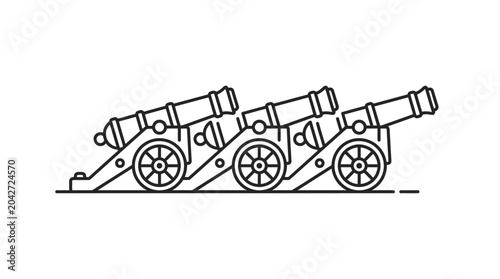 Tableau sur toile Three antique military cannons in a row line art.